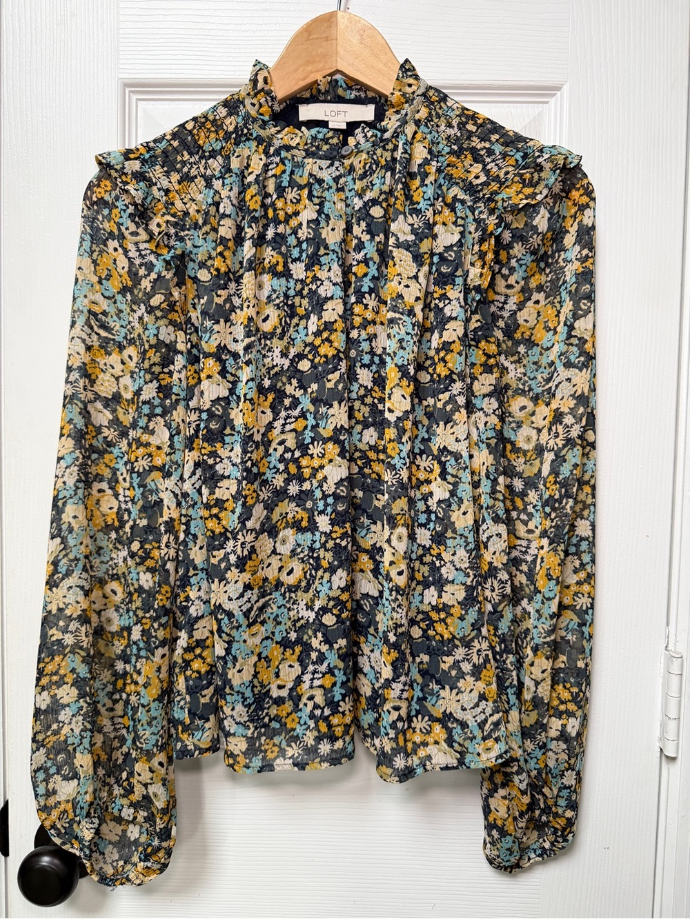 LOFT Black Floral Peadant Cottage Gauzy Ruffle Neck Blouse XS